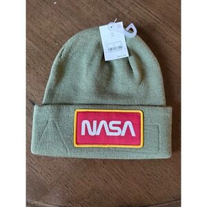 NASA Beanie Hat Green Cuffed Patch Space Shuttle American Flag OS